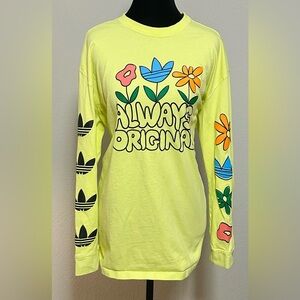 Adidas Women’s Tee Top Long Sleeve Size M Bright Floral Yellow Cotton